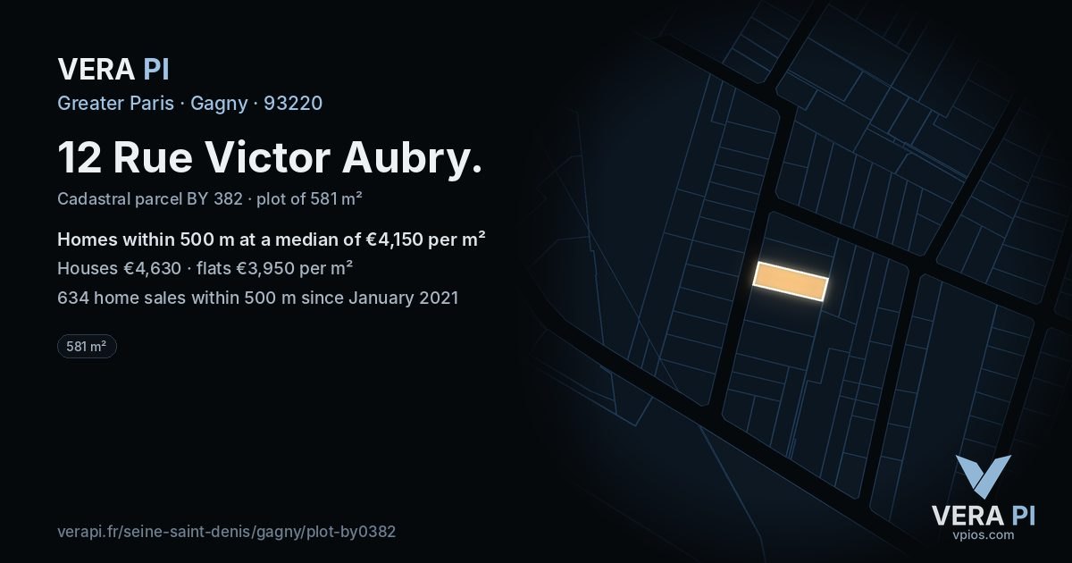 12 Rue Victor Aubry, Gagny at night – the plot lit, the parcels around coloured by the prices near them