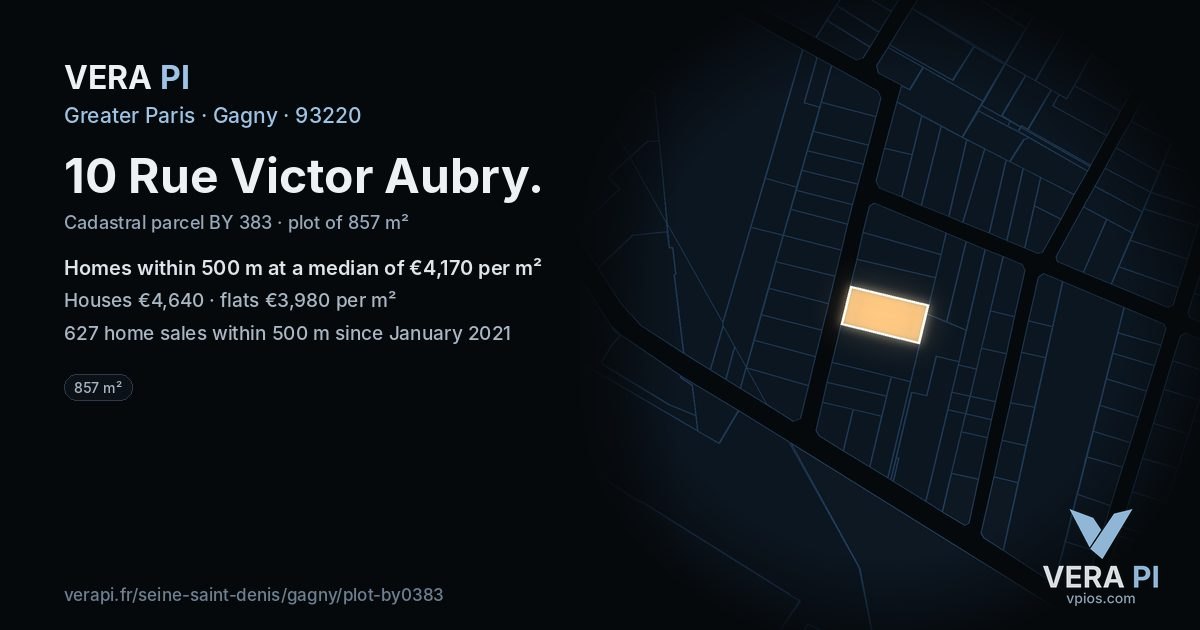 10 Rue Victor Aubry, Gagny at night – the plot lit, the parcels around coloured by the prices near them