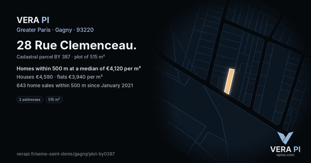 28 Rue Clemenceau, Gagny at night – the plot lit, the parcels around coloured by the prices near them