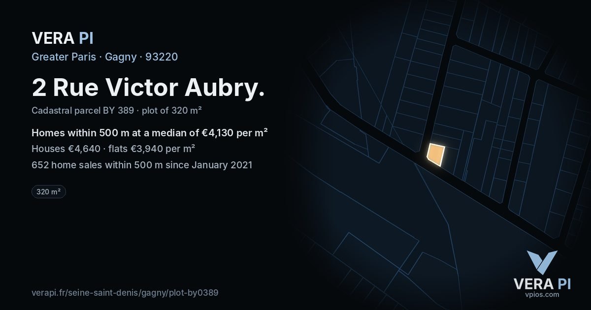 2 Rue Victor Aubry, Gagny at night – the plot lit, the parcels around coloured by the prices near them