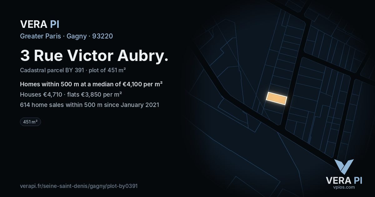3 Rue Victor Aubry, Gagny at night – the plot lit, the parcels around coloured by the prices near them