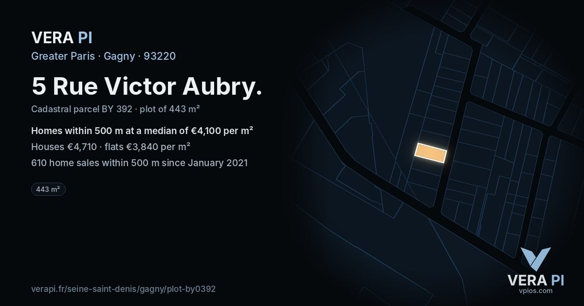 5 Rue Victor Aubry, Gagny at night – the plot lit, the parcels around coloured by the prices near them