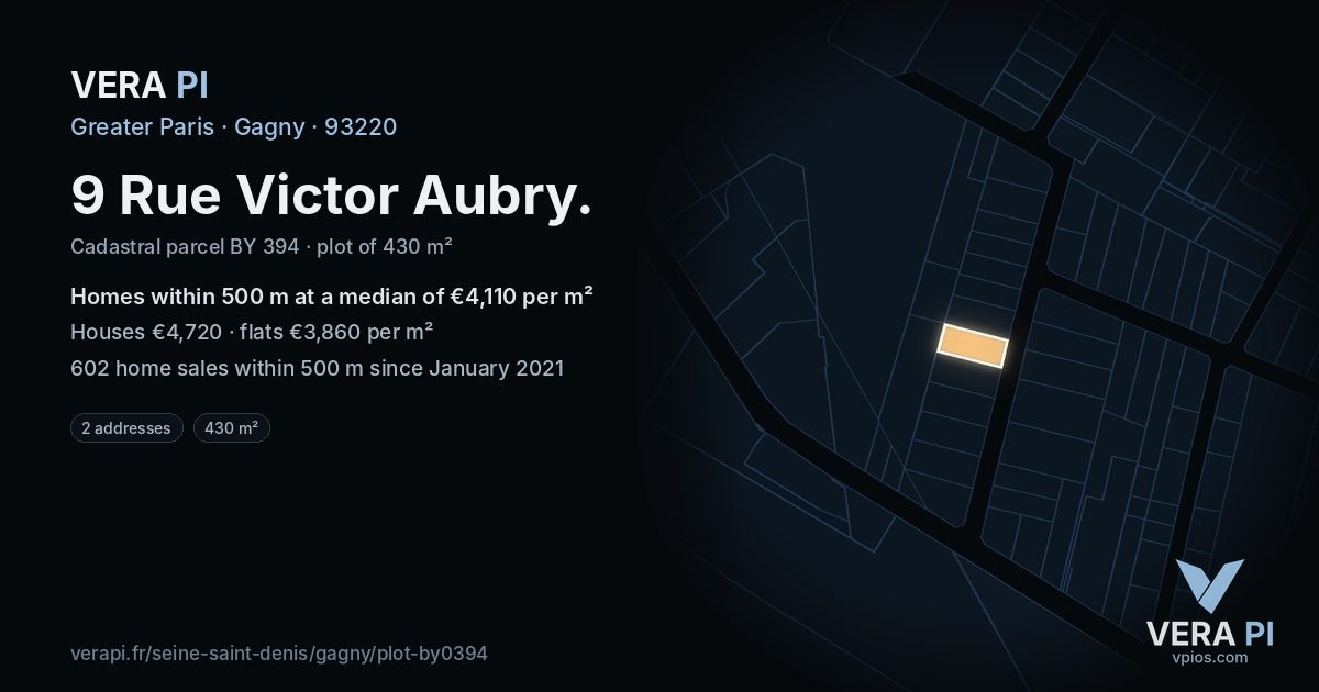 9 Rue Victor Aubry, Gagny at night – the plot lit, the parcels around coloured by the prices near them