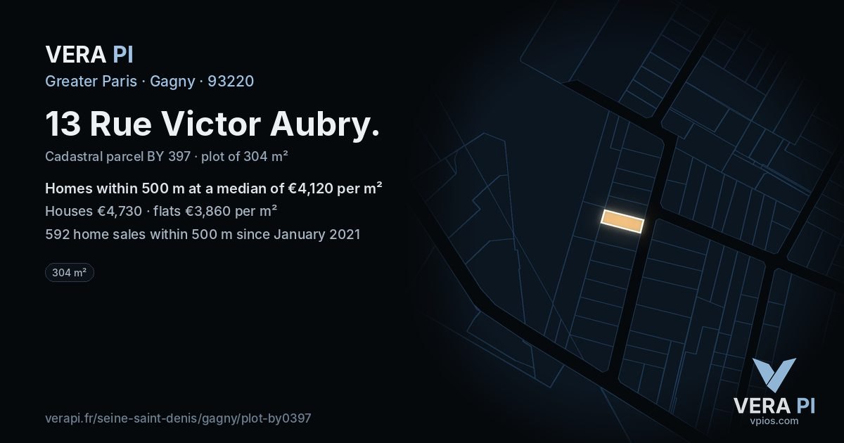 13 Rue Victor Aubry, Gagny at night – the plot lit, the parcels around coloured by the prices near them