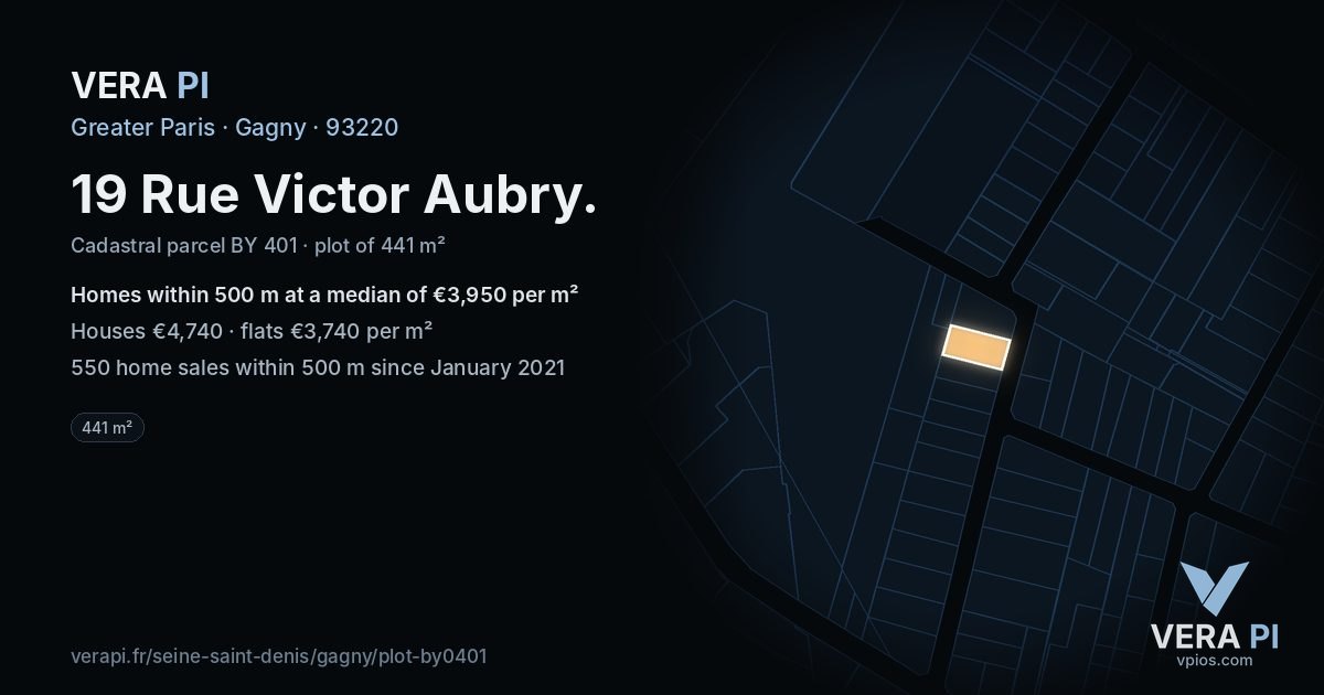 19 Rue Victor Aubry, Gagny at night – the plot lit, the parcels around coloured by the prices near them