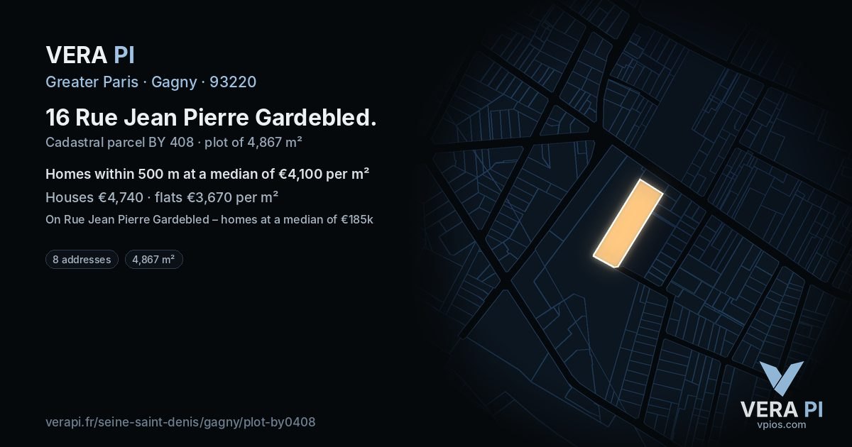 16 Rue Jean Pierre Gardebled, Gagny at night – the plot lit, the parcels around coloured by the prices near them