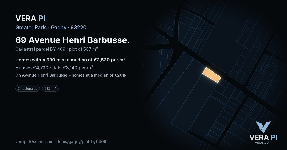 69 Avenue Henri Barbusse, Gagny at night – the plot lit, the parcels around coloured by the prices near them