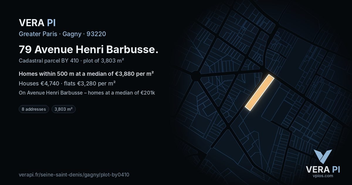 79 Avenue Henri Barbusse, Gagny at night – the plot lit, the parcels around coloured by the prices near them