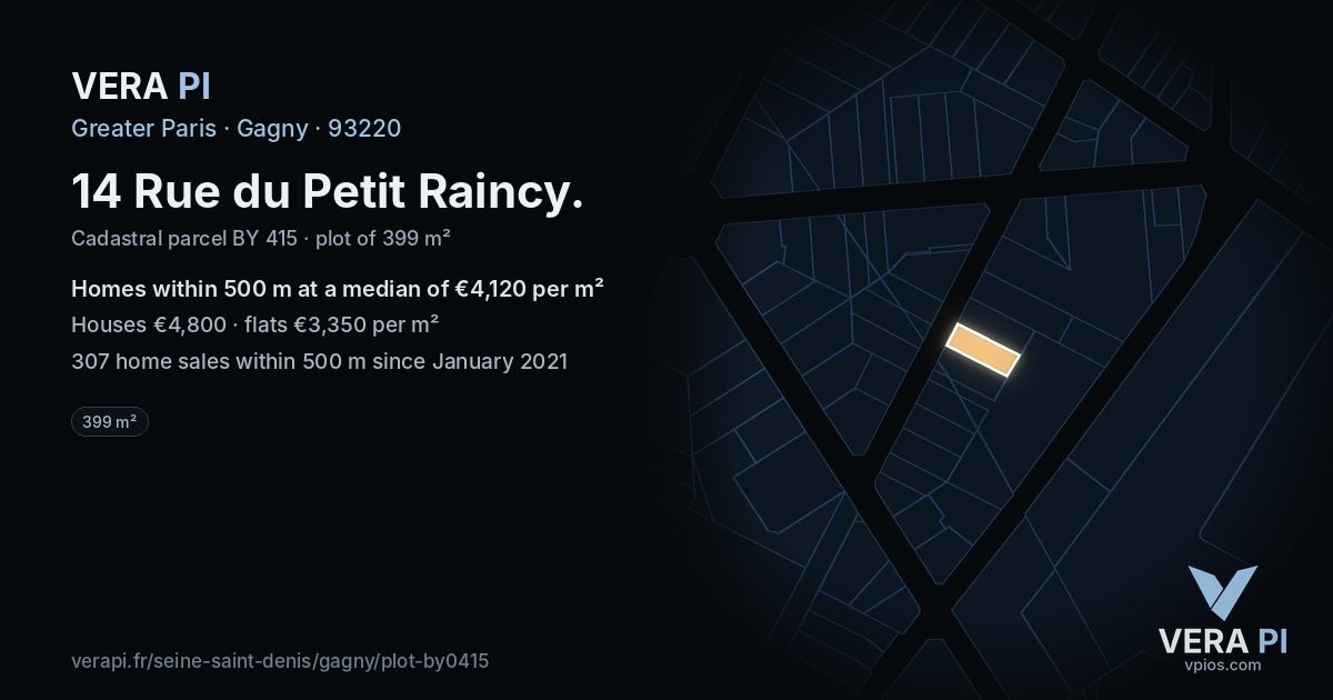 14 Rue du Petit Raincy, Gagny at night – the plot lit, the parcels around coloured by the prices near them