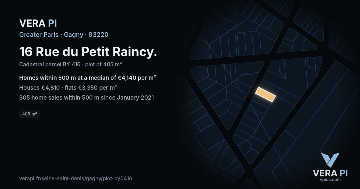16 Rue du Petit Raincy, Gagny at night – the plot lit, the parcels around coloured by the prices near them