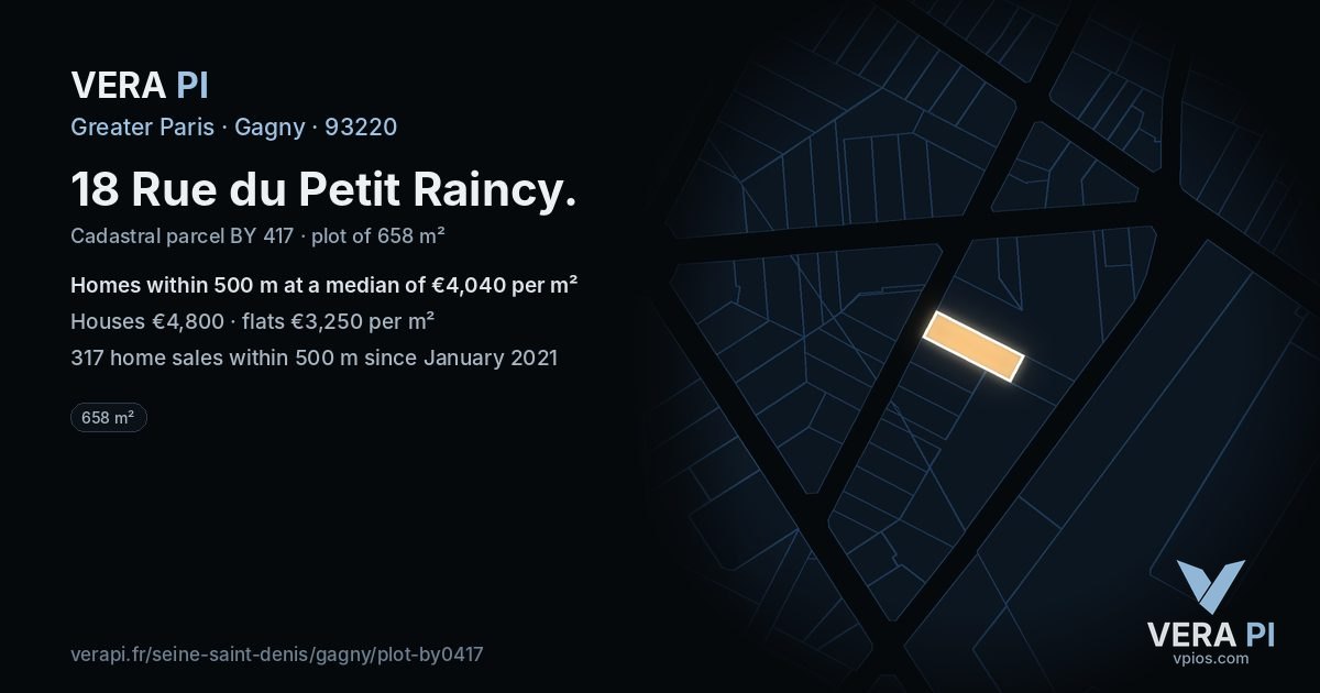 18 Rue du Petit Raincy, Gagny at night – the plot lit, the parcels around coloured by the prices near them