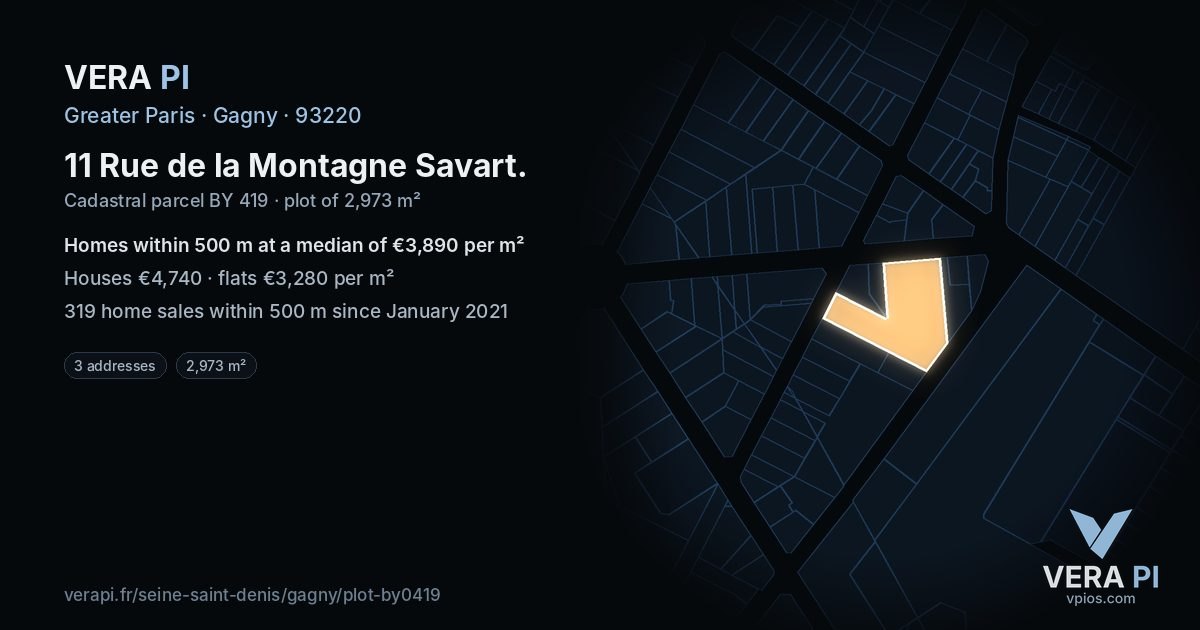 11 Rue de la Montagne Savart, Gagny at night – the plot lit, the parcels around coloured by the prices near them