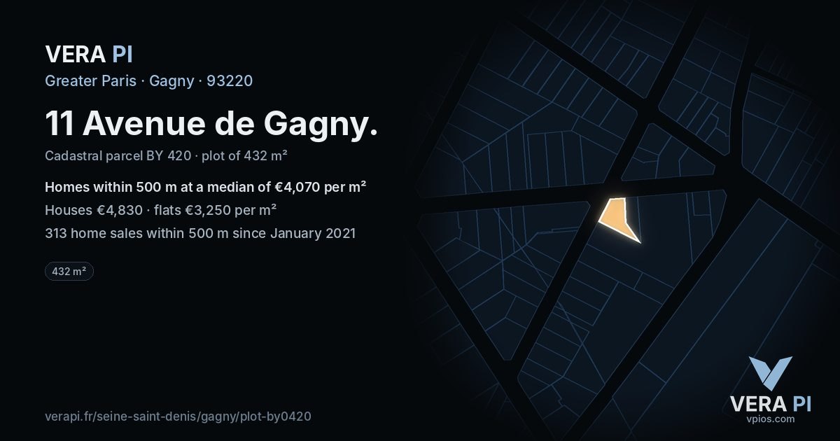 11 Avenue de Gagny, Gagny at night – the plot lit, the parcels around coloured by the prices near them