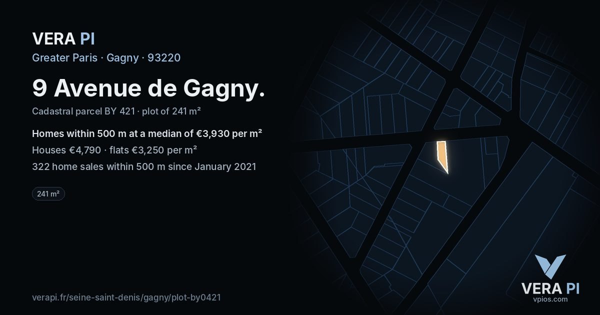9 Avenue de Gagny, Gagny at night – the plot lit, the parcels around coloured by the prices near them