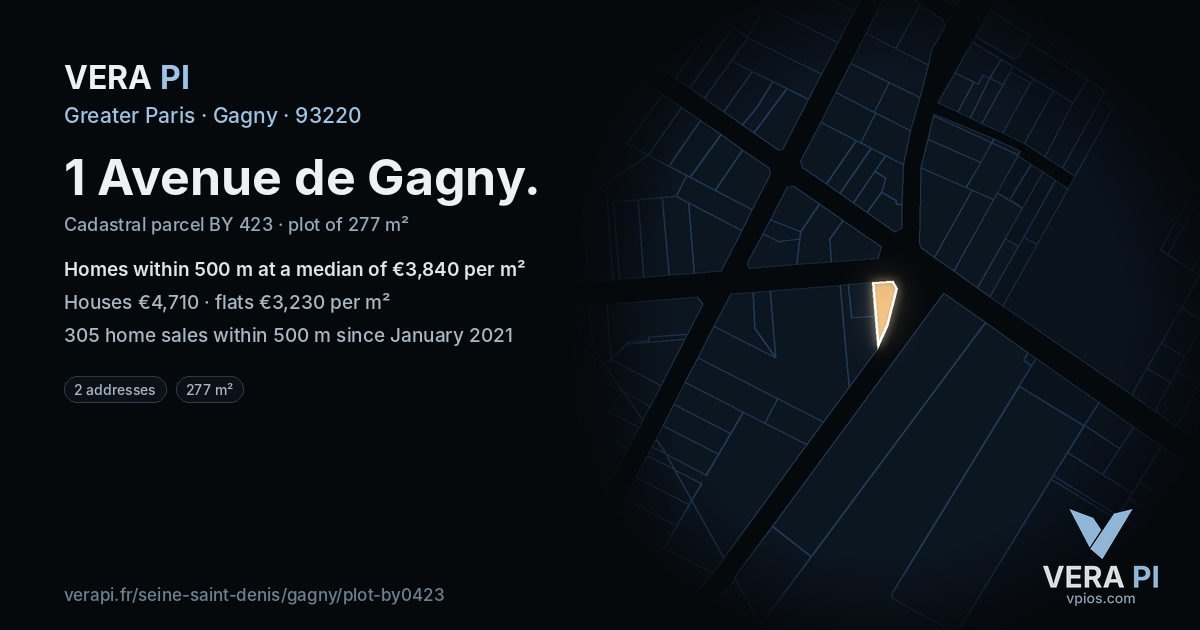 1 Avenue de Gagny, Gagny at night – the plot lit, the parcels around coloured by the prices near them