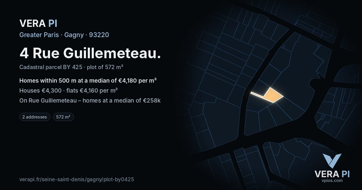 4 Rue Guillemeteau, Gagny at night – the plot lit, the parcels around coloured by the prices near them