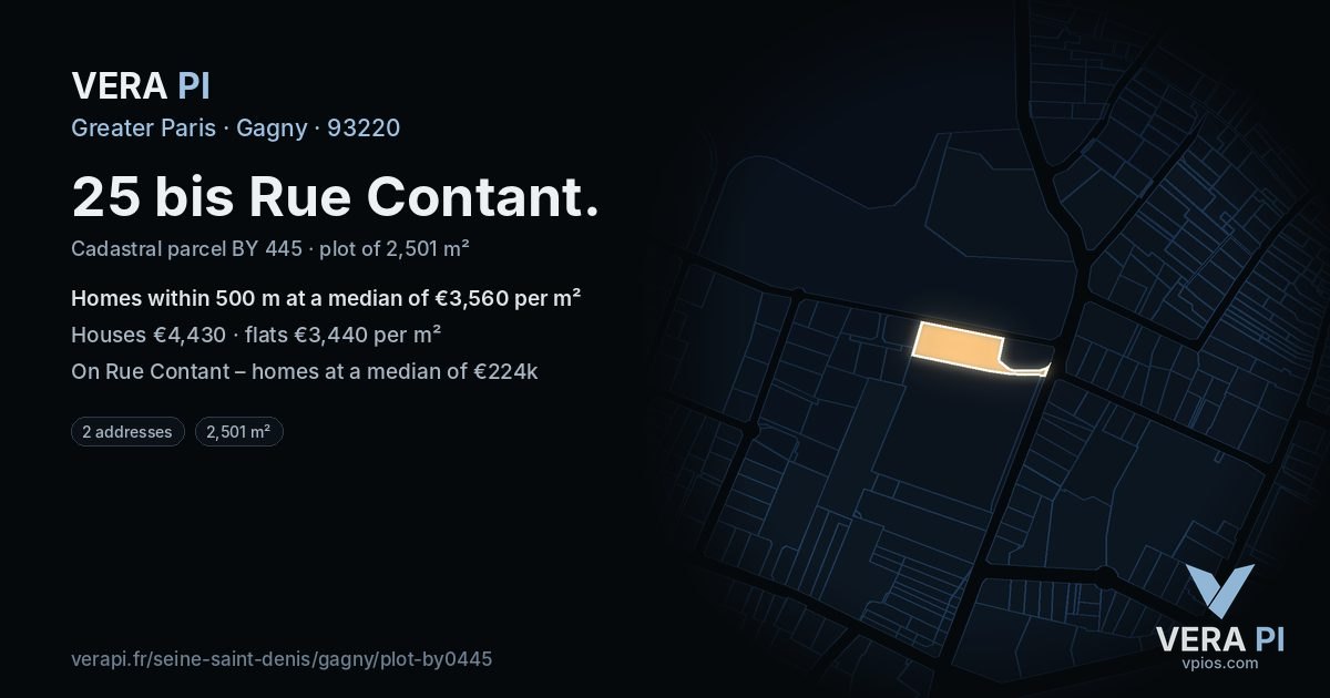 25 bis Rue Contant, Gagny at night – the plot lit, the parcels around coloured by the prices near them