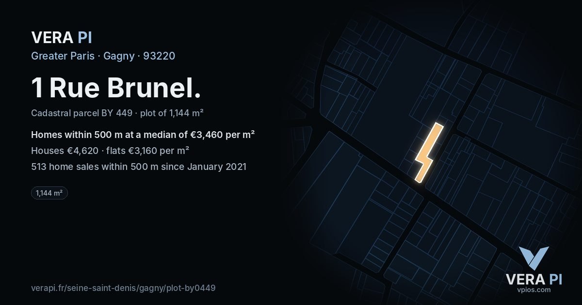 1 Rue Brunel, Gagny at night – the plot lit, the parcels around coloured by the prices near them