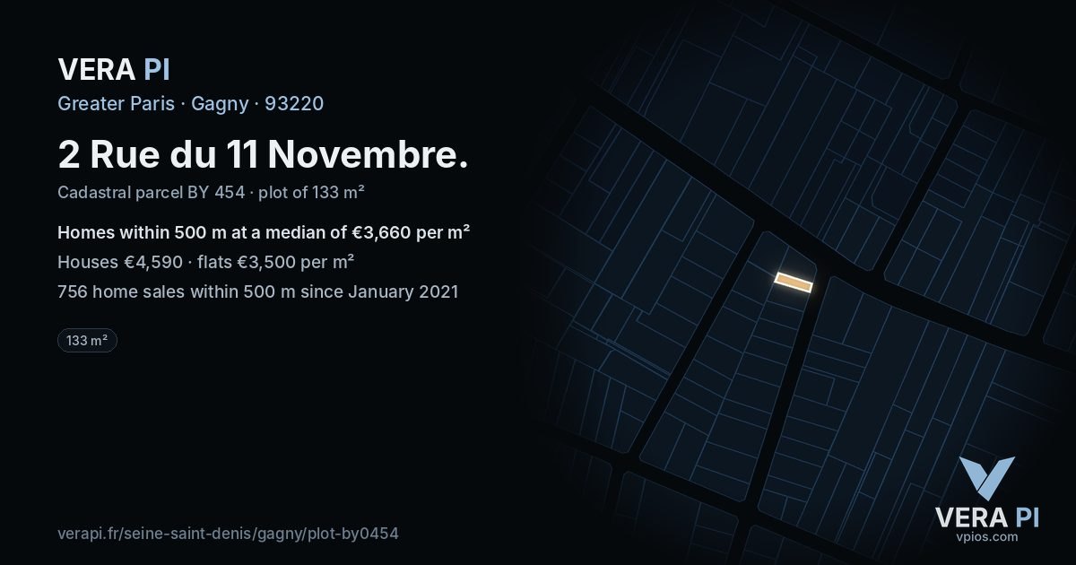 2 Rue du 11 Novembre, Gagny at night – the plot lit, the parcels around coloured by the prices near them