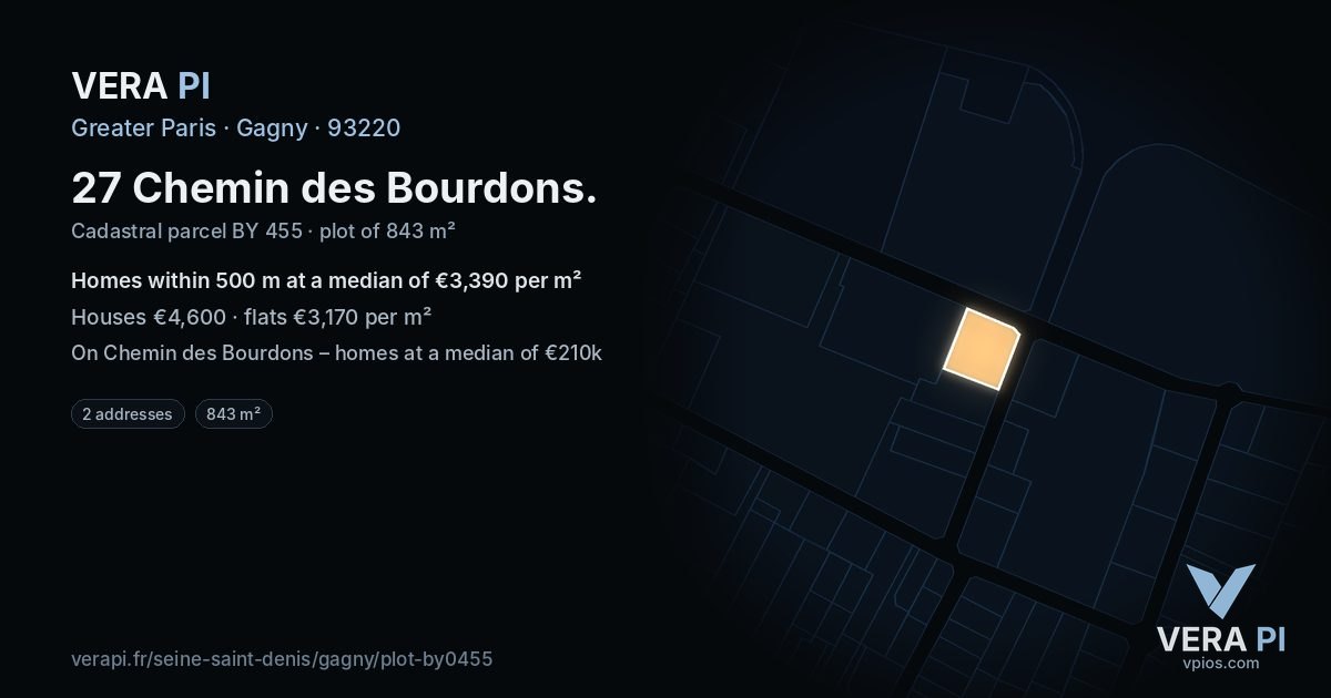 27 Chemin des Bourdons, Gagny at night – the plot lit, the parcels around coloured by the prices near them