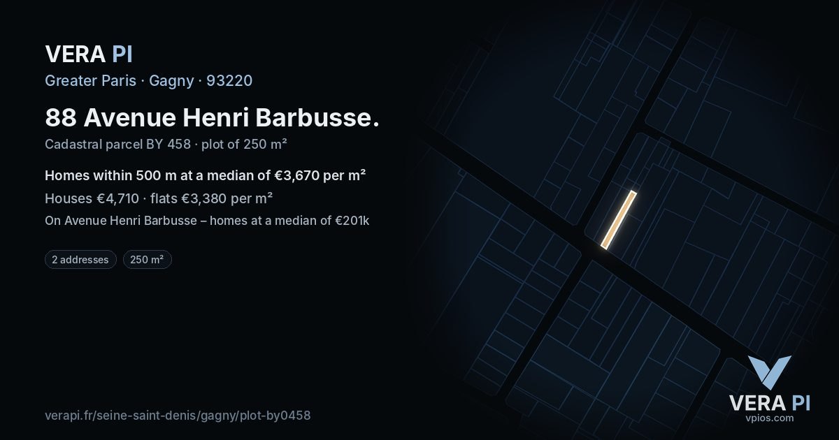 88 Avenue Henri Barbusse, Gagny at night – the plot lit, the parcels around coloured by the prices near them