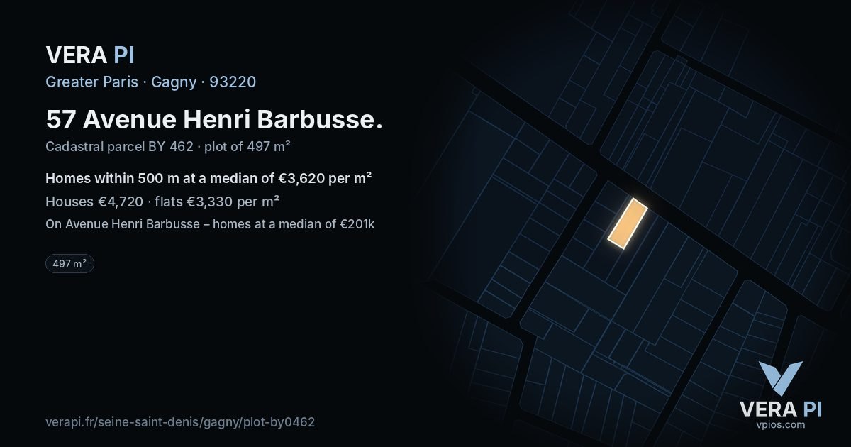 57 Avenue Henri Barbusse, Gagny at night – the plot lit, the parcels around coloured by the prices near them