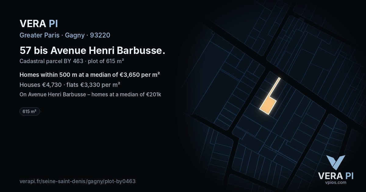 57 bis Avenue Henri Barbusse, Gagny at night – the plot lit, the parcels around coloured by the prices near them