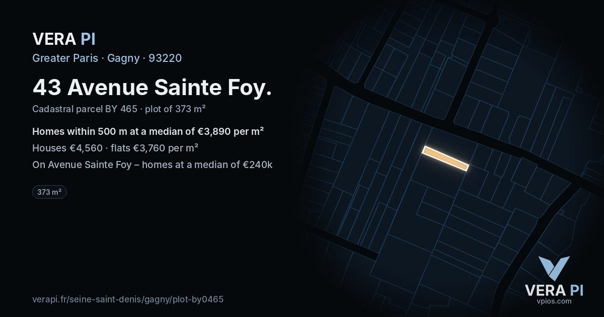 43 Avenue Sainte Foy, Gagny at night – the plot lit, the parcels around coloured by the prices near them