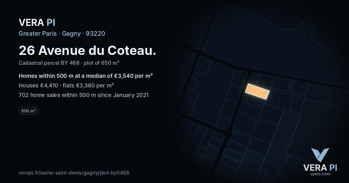 26 Avenue du Coteau, Gagny at night – the plot lit, the parcels around coloured by the prices near them