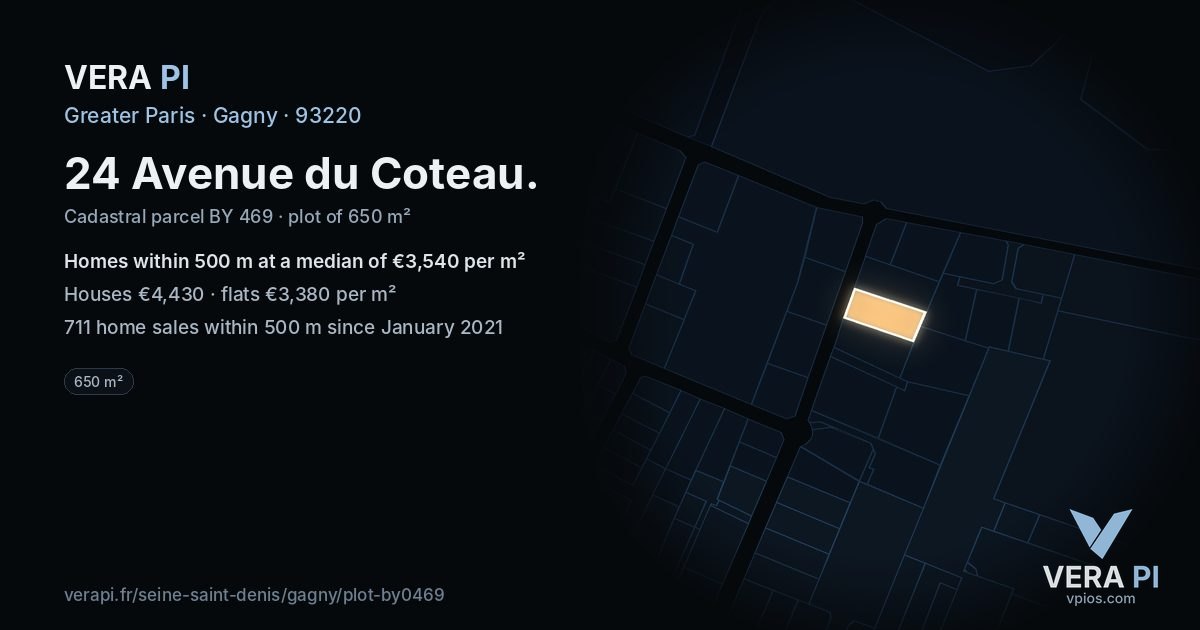 24 Avenue du Coteau, Gagny at night – the plot lit, the parcels around coloured by the prices near them