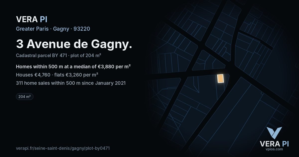 3 Avenue de Gagny, Gagny at night – the plot lit, the parcels around coloured by the prices near them