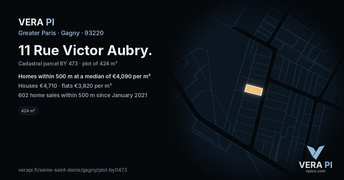 11 Rue Victor Aubry, Gagny at night – the plot lit, the parcels around coloured by the prices near them