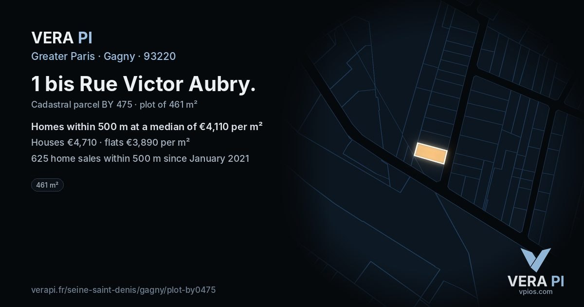 1 bis Rue Victor Aubry, Gagny at night – the plot lit, the parcels around coloured by the prices near them