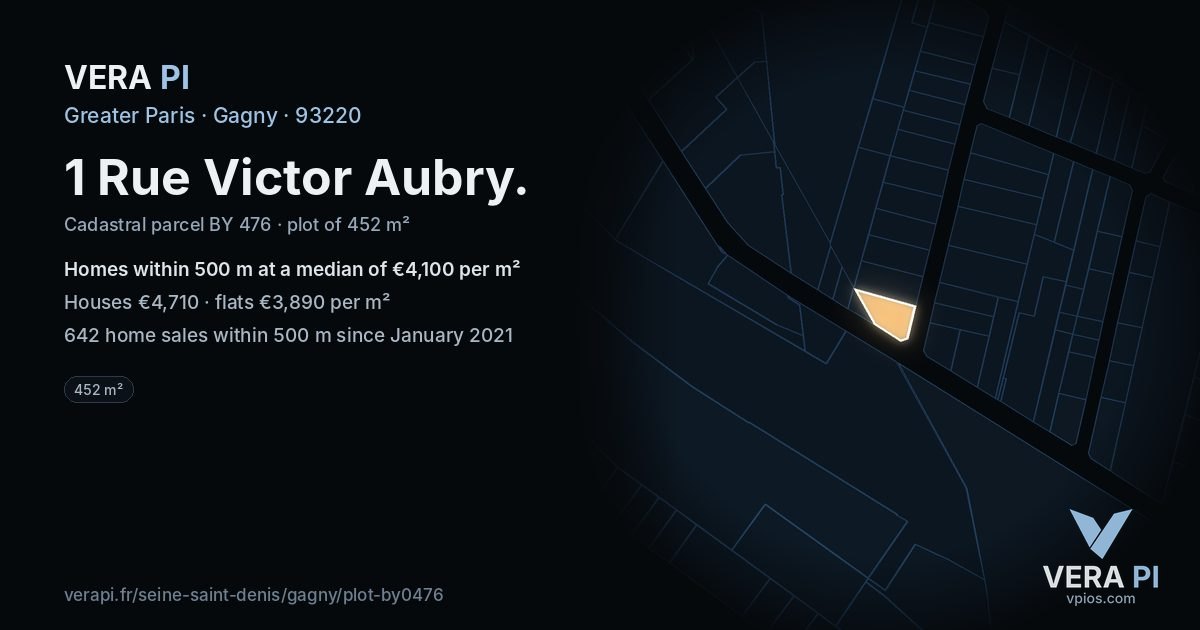 1 Rue Victor Aubry, Gagny at night – the plot lit, the parcels around coloured by the prices near them