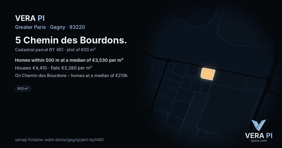 5 Chemin des Bourdons, Gagny at night – the plot lit, the parcels around coloured by the prices near them