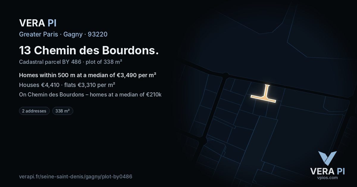 13 Chemin des Bourdons, Gagny at night – the plot lit, the parcels around coloured by the prices near them