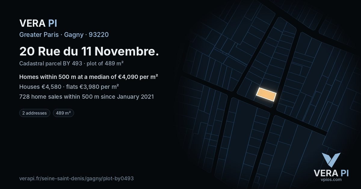 20 Rue du 11 Novembre, Gagny at night – the plot lit, the parcels around coloured by the prices near them