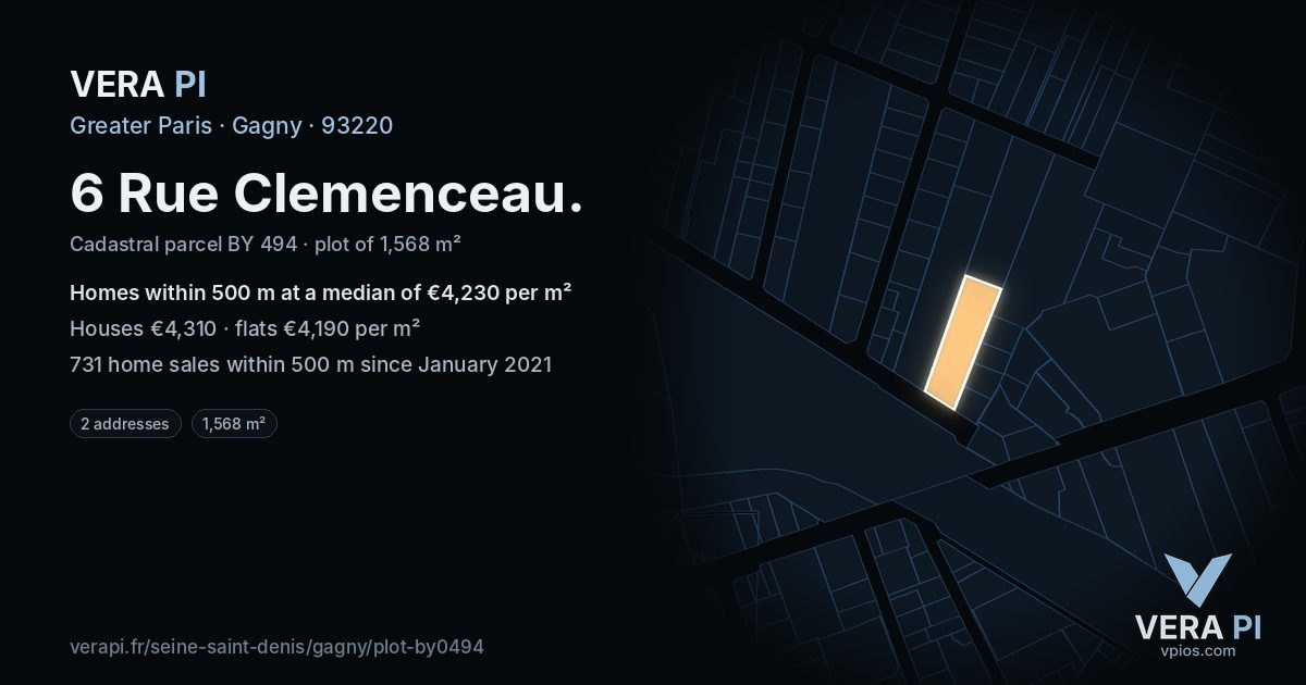 6 Rue Clemenceau, Gagny at night – the plot lit, the parcels around coloured by the prices near them