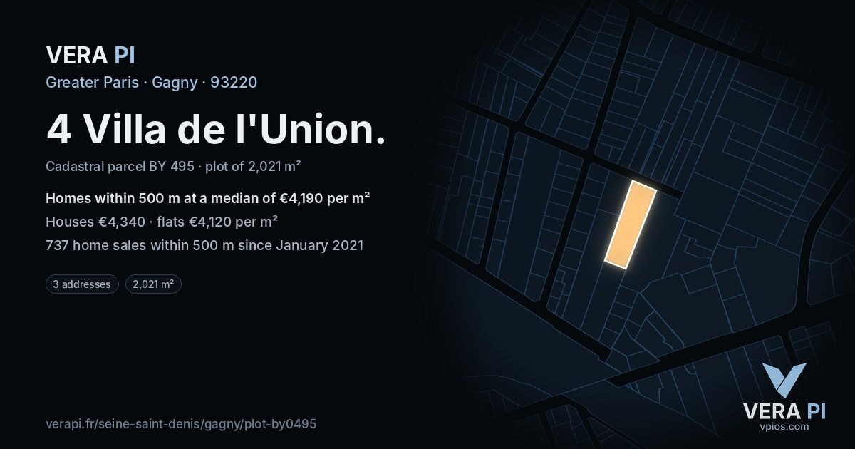 4 Villa de l'Union, Gagny at night – the plot lit, the parcels around coloured by the prices near them
