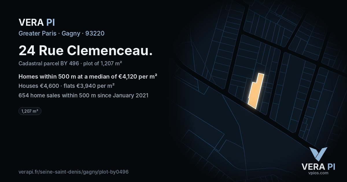 24 Rue Clemenceau, Gagny at night – the plot lit, the parcels around coloured by the prices near them