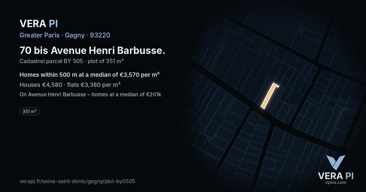 70 bis Avenue Henri Barbusse, Gagny at night – the plot lit, the parcels around coloured by the prices near them