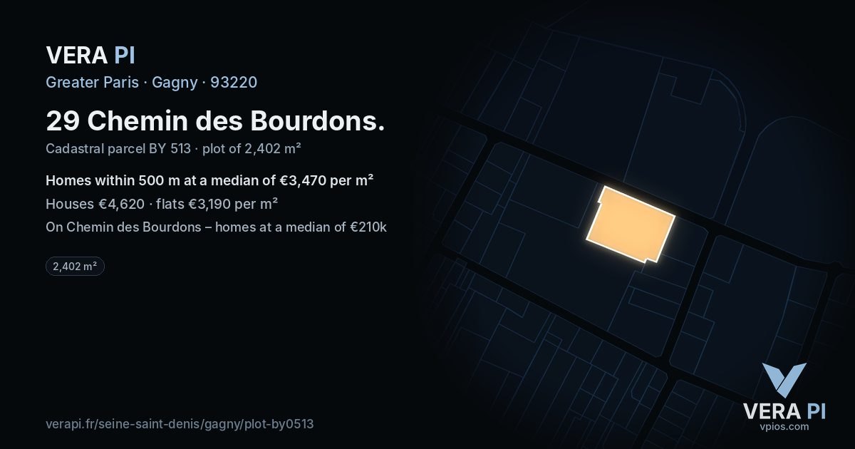 29 Chemin des Bourdons, Gagny at night – the plot lit, the parcels around coloured by the prices near them