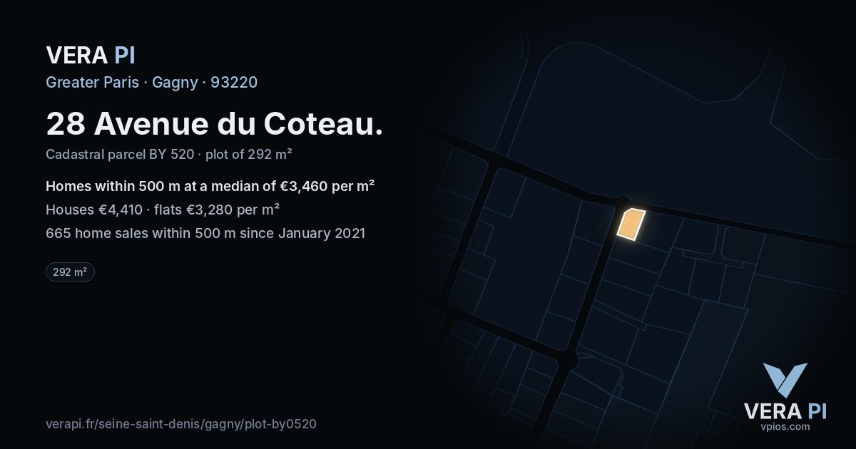 28 Avenue du Coteau, Gagny at night – the plot lit, the parcels around coloured by the prices near them