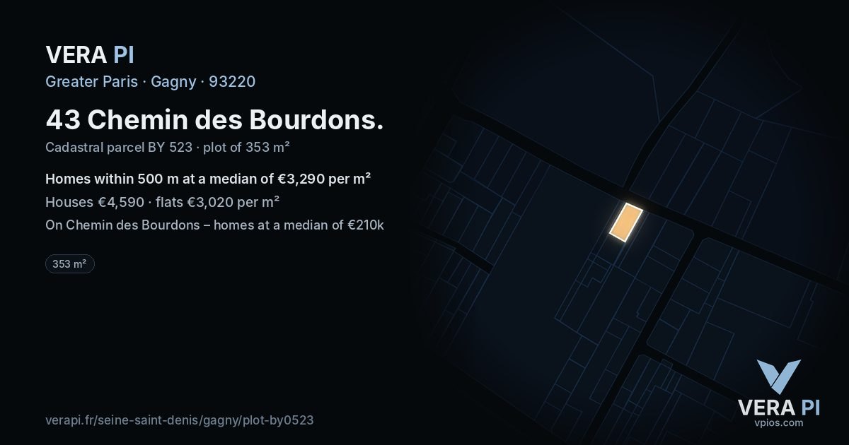 43 Chemin des Bourdons, Gagny at night – the plot lit, the parcels around coloured by the prices near them