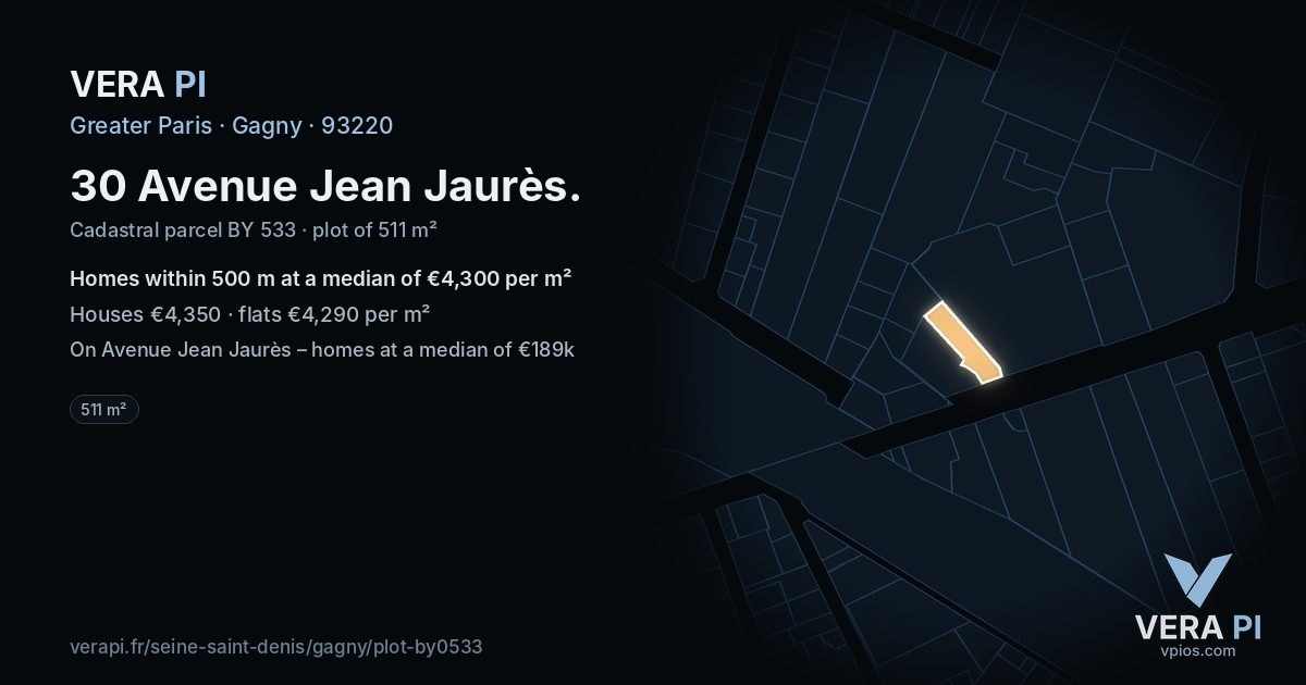 30 Avenue Jean Jaurès, Gagny at night – the plot lit, the parcels around coloured by the prices near them