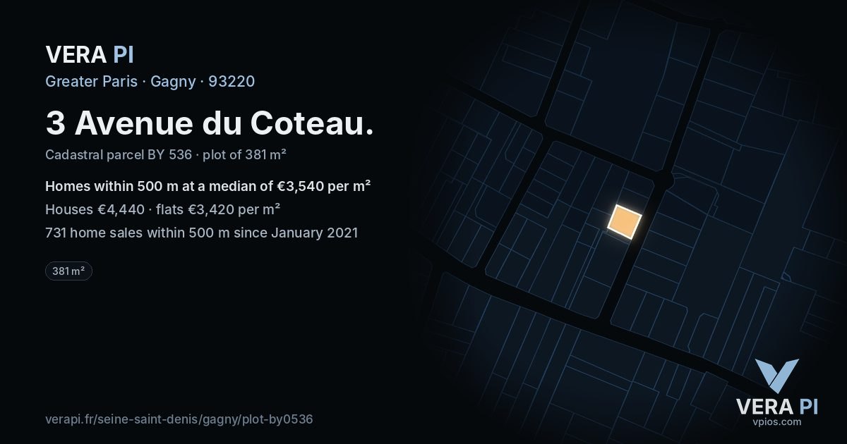 3 Avenue du Coteau, Gagny at night – the plot lit, the parcels around coloured by the prices near them