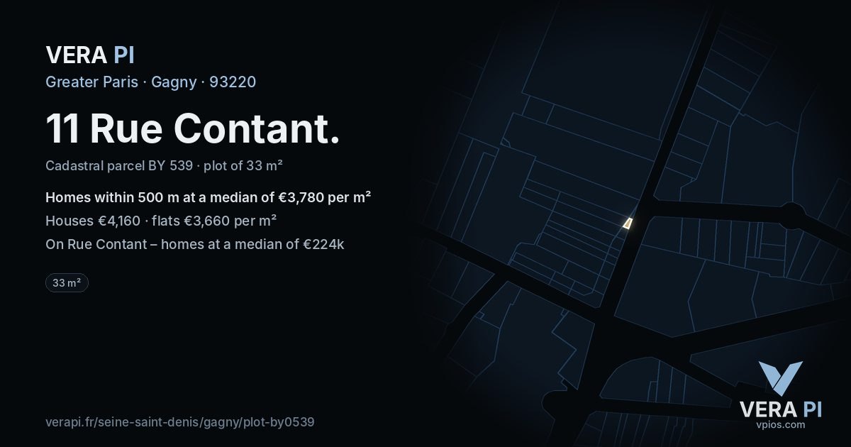 11 Rue Contant, Gagny at night – the plot lit, the parcels around coloured by the prices near them