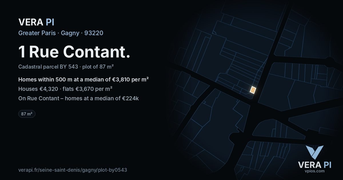 1 Rue Contant, Gagny at night – the plot lit, the parcels around coloured by the prices near them