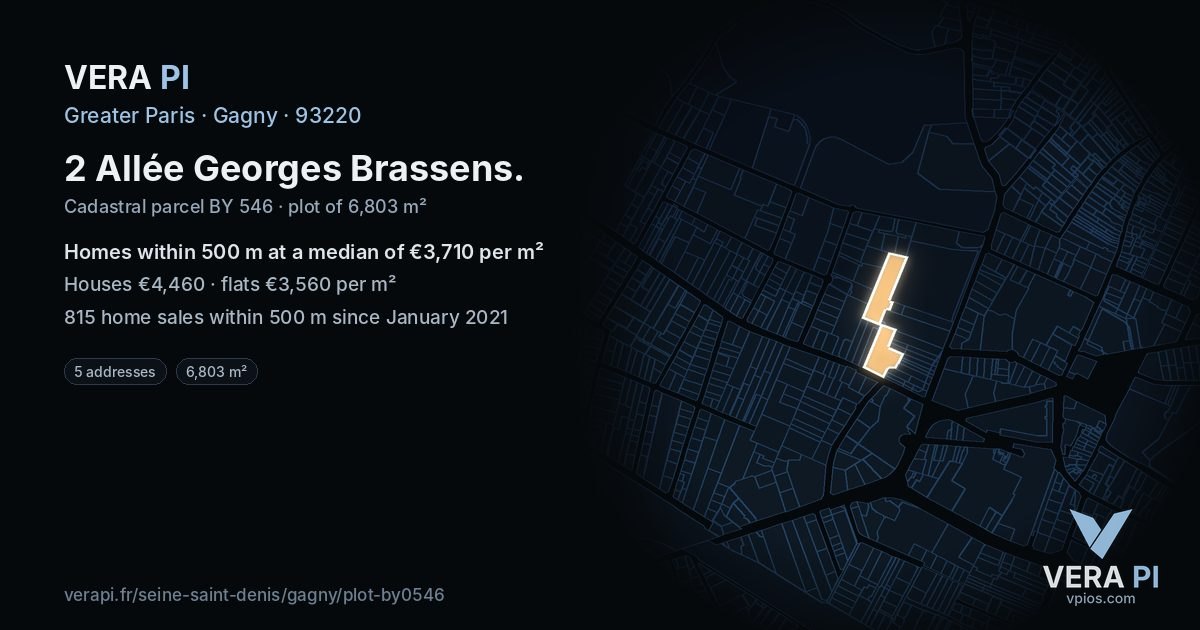 2 Allée Georges Brassens, Gagny at night – the plot lit, the parcels around coloured by the prices near them