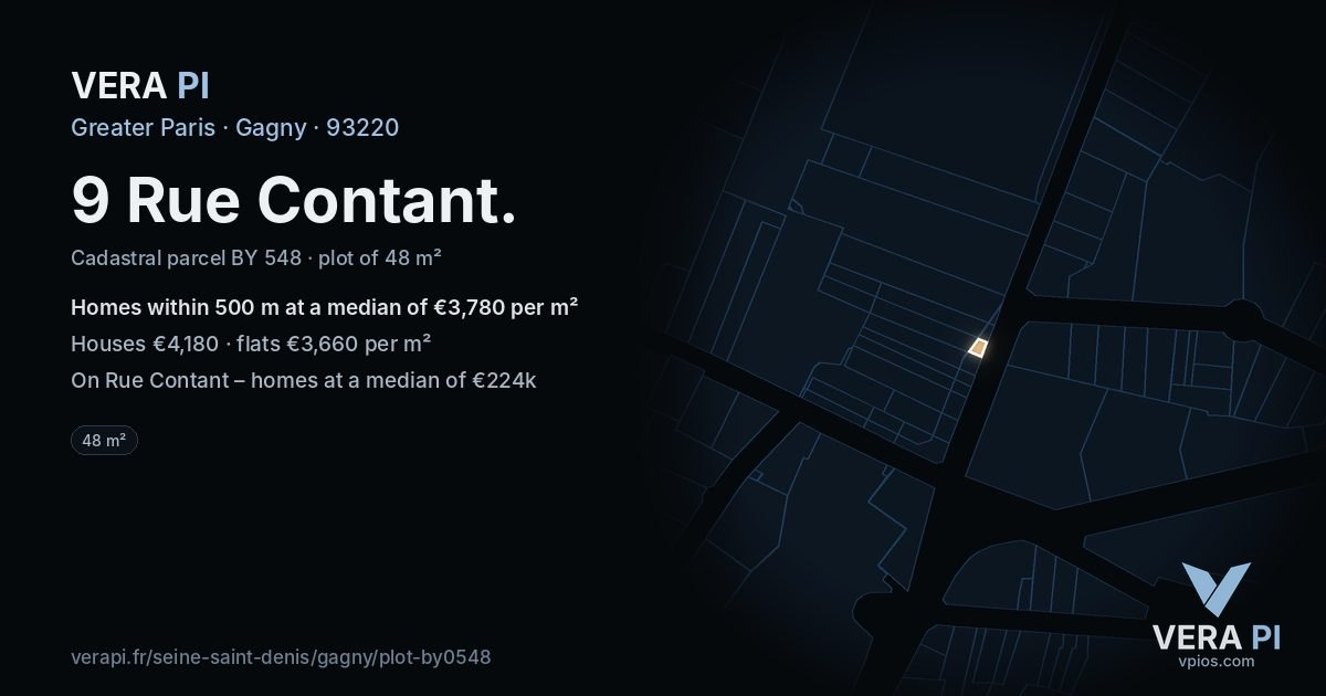 9 Rue Contant, Gagny at night – the plot lit, the parcels around coloured by the prices near them